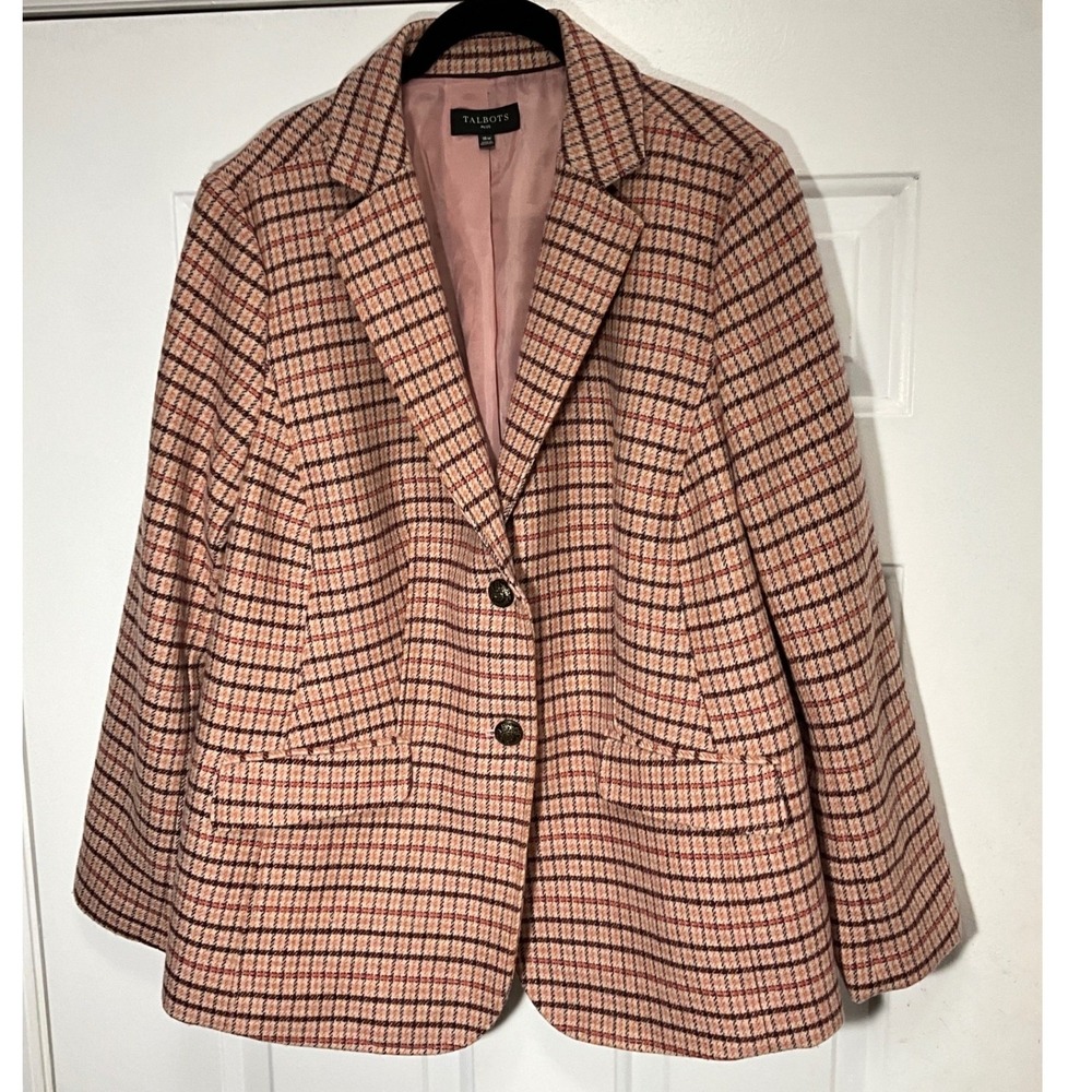 Talbots Plus Womens 16W Pink Brown Plaid 2 Button Blazer Jacket Notched Lapel